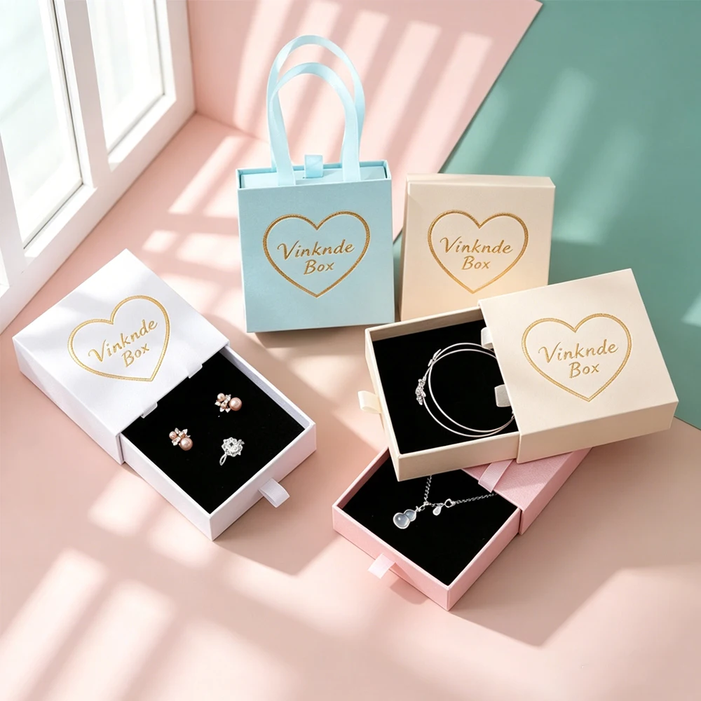 

100Pack Luxury Paper Jewellery Box 9x9x3.2cm Travel Jewelry Organizer Case Drawers Sliding Necklace Earrings Rings Case Boxes