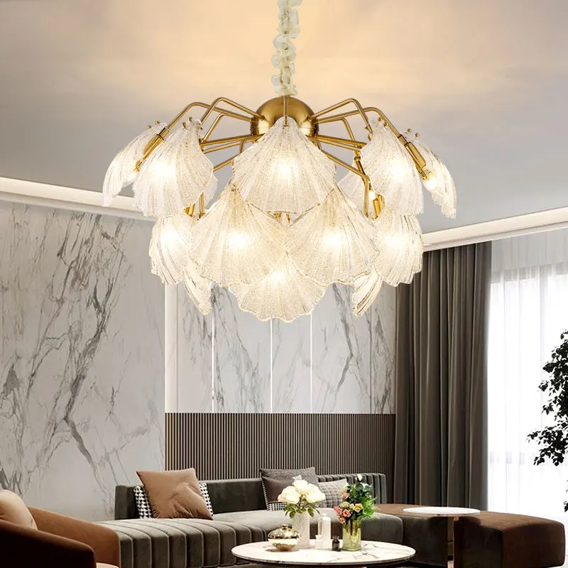 Shell style glass chandelier light villa parlour sitting room glass LED chandelier light fixture with big glass LED hanging lamp