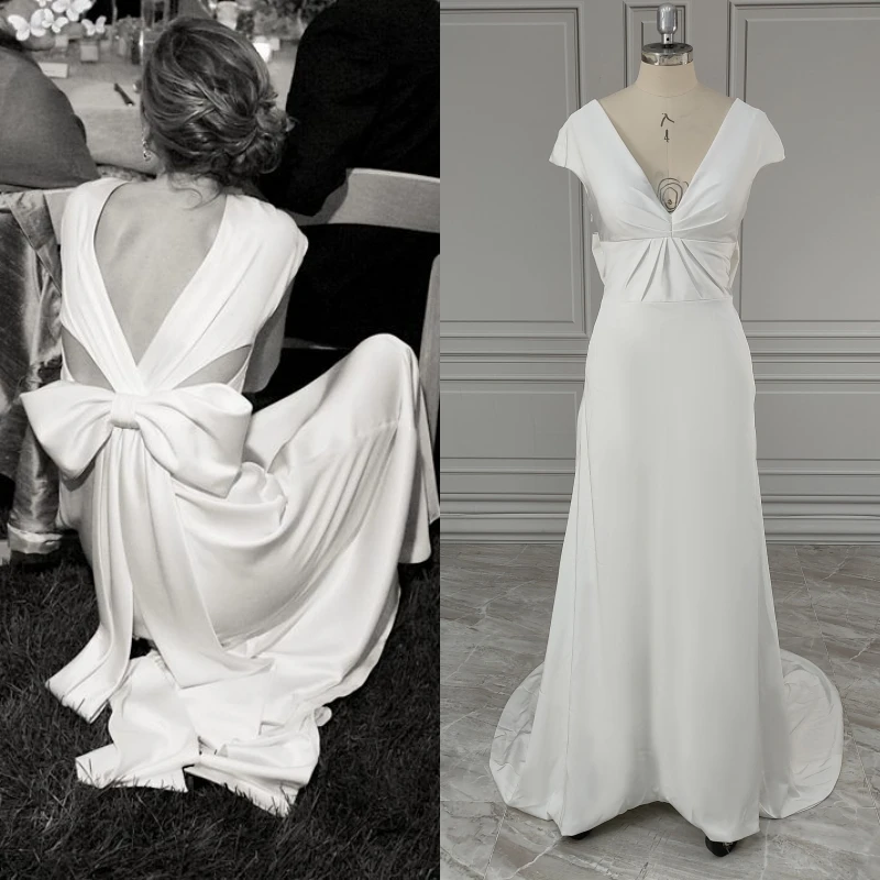 Vestido de novia de satén con espalda descubierta y cuello en V para mujer, vestido de novia con tren de barrido, fotos reales, Simple, hecho a medida, 905 #