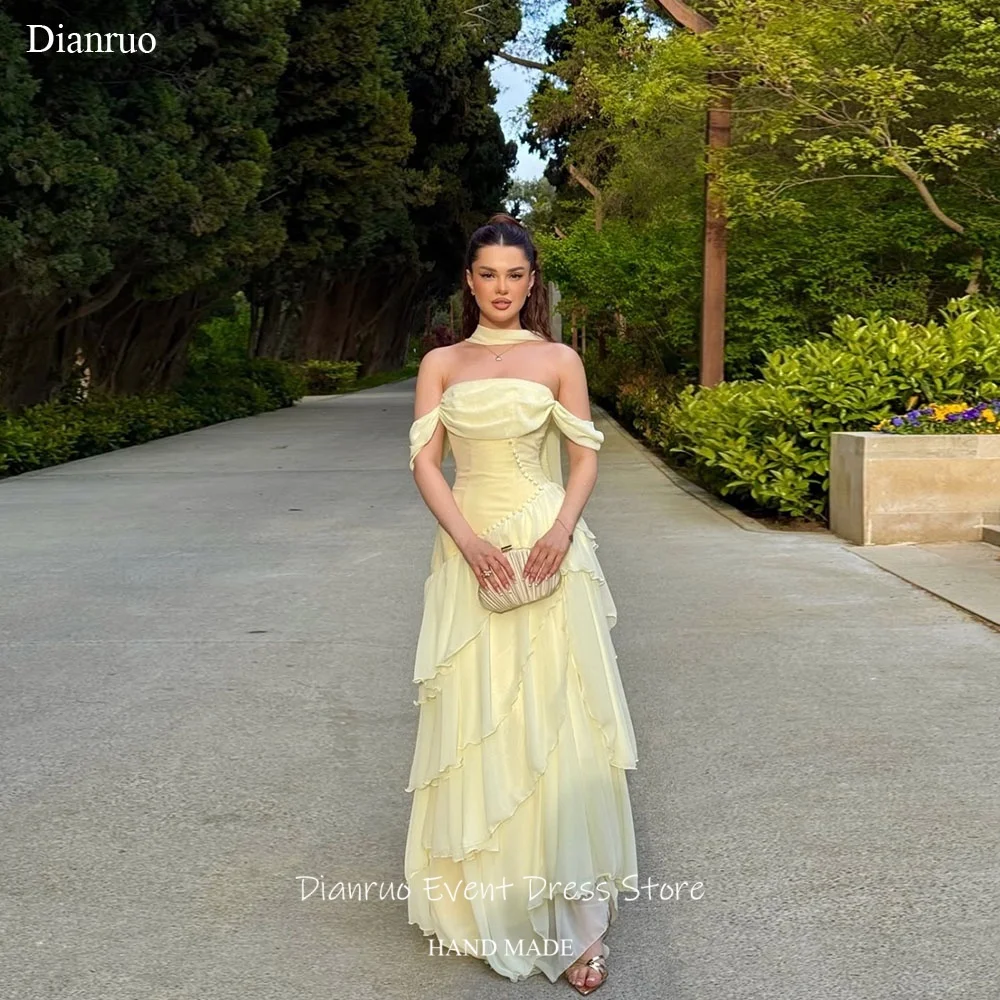 Dianruo Yellow Off Shoulder Evening Dresses Ribbons Side Slit Party Gowns A Line Chiffon Tiered Vestidos Formales Customized