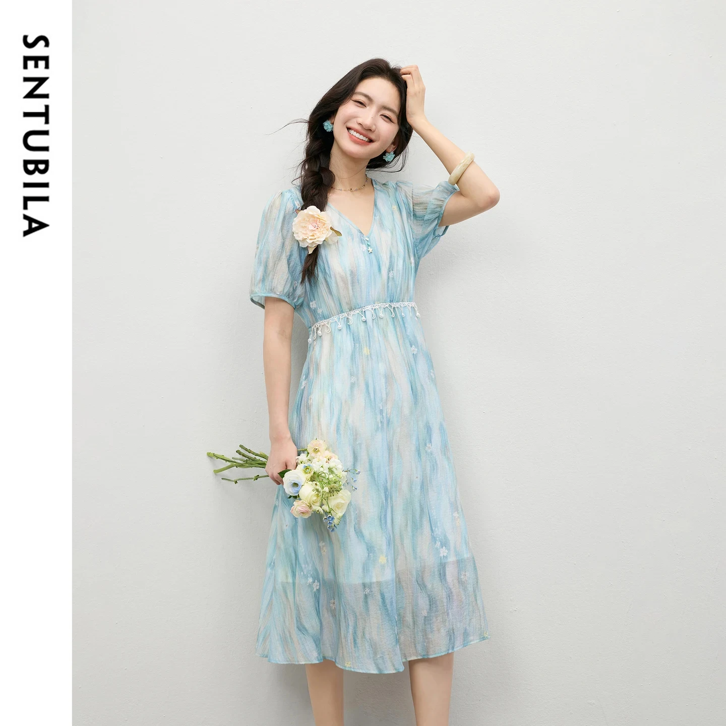 

SENTUBILA Women's Floral Print Midi Dress 2026 Summer New Elegant V-Neck Beaded Lace Trim Ombre Print Watercolor Dress 162LO5924