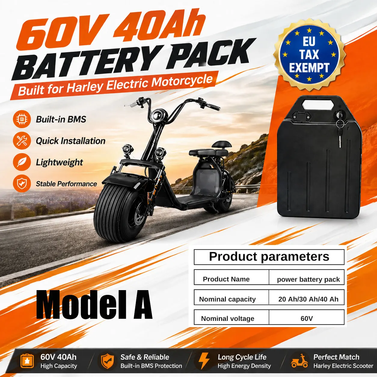 Hochwertiger 60V 30Ah 18650 Lithium-Akku, wasserdicht, 1000W, für Harley Elektroroller Motorrad