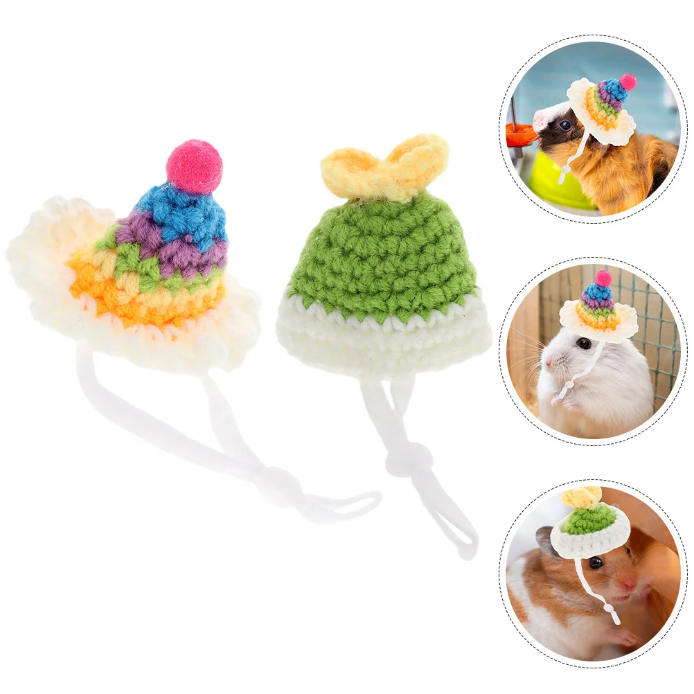 

2Pcs Small Pet Hat Mini Knitted Hamster Adjustable Strap Lightweight Decor Photo Prop Accessory Hamster Hat Pet Supply