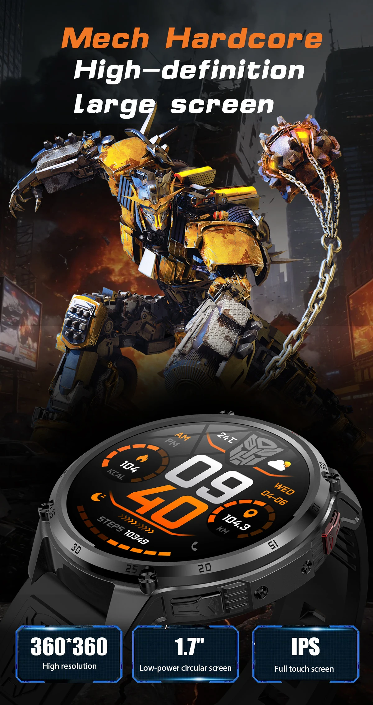 2026 Neue T-RX5 1200mAh Akku Smartwatch für Herren 1,7" HD-Bildschirm Kompass Taktische Taschenlampe IP68 Wasserdicht BT-Anruf Militäruhr – Detail 3