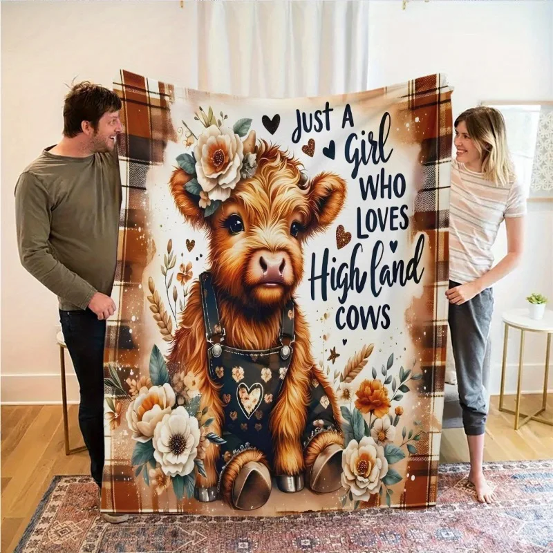 1 Stück Bohemian Highland Cow Flanelldecke – weicher Ganzjahresüberwurf mit Blumen- und Herzdruck für Camping-Sofabett