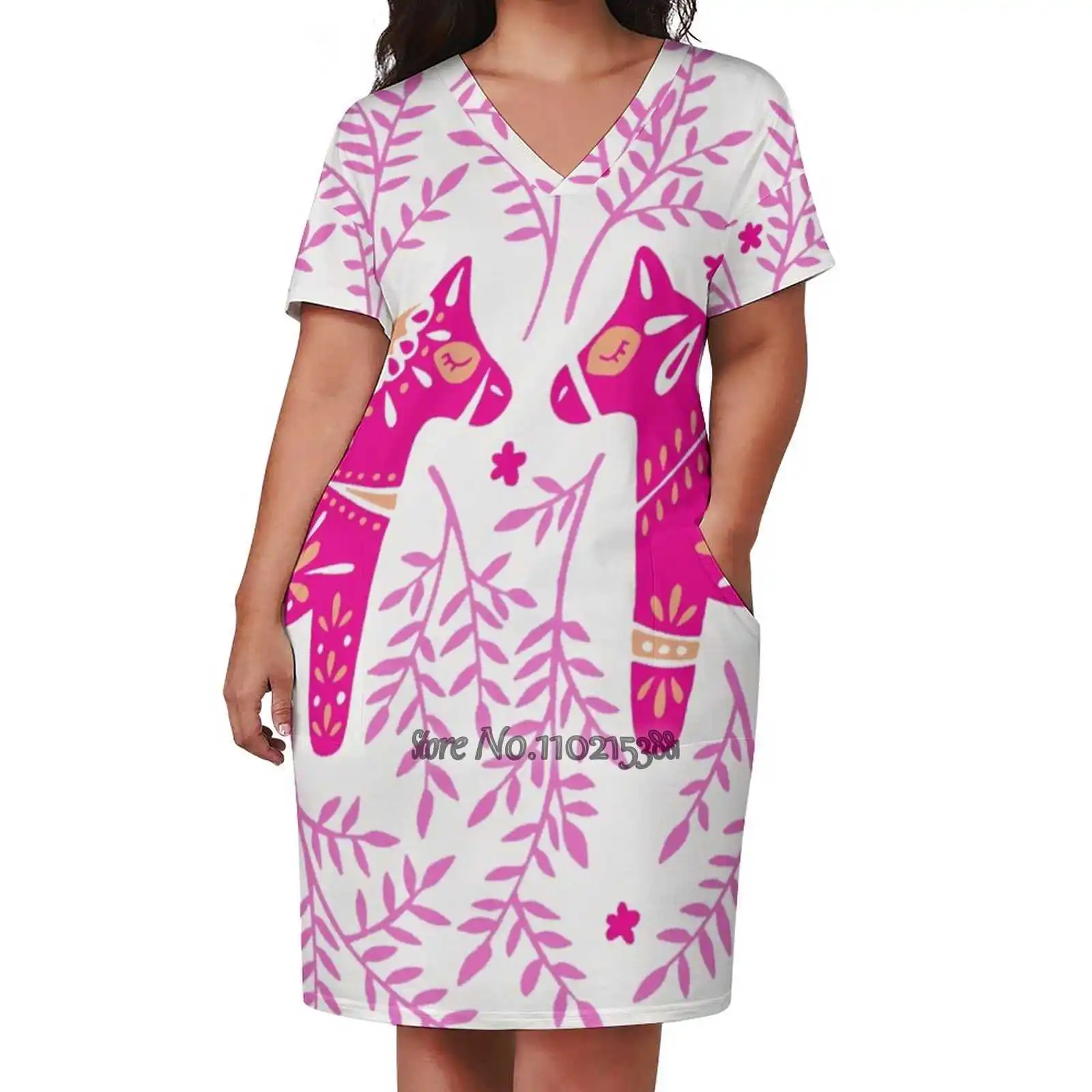 Swedish Dala Horses – Pink Palette Loose V-Neck Short Sleeve Skirt Elegant High Quality Dress Lightweight Fabric Skirt Sweden