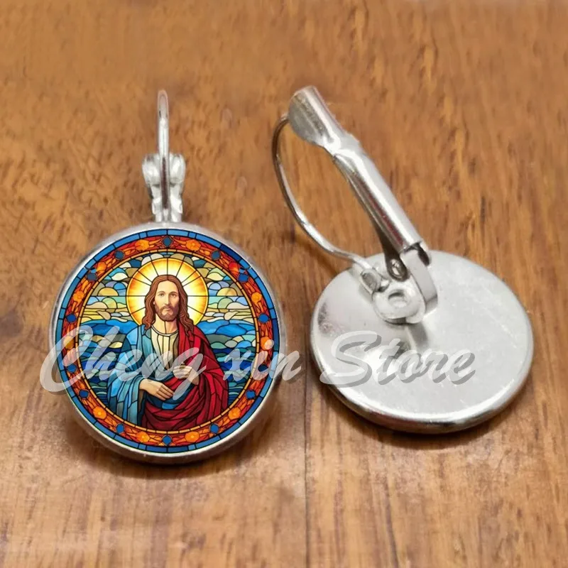 Virgin Mary of Jesus, handmade glass earrings with Christian patterns