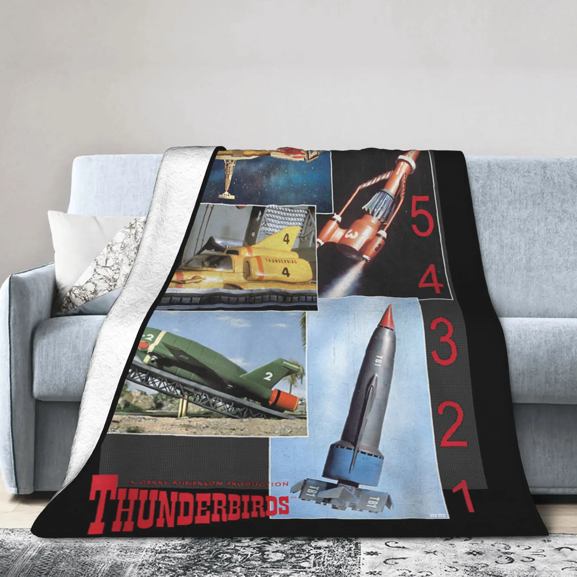 Thunderbirds 1-5 Retro Montage Plush Blankets Cartoon Fashion Throw Blankets for Home Hotel Sofa 150*125cm Soft