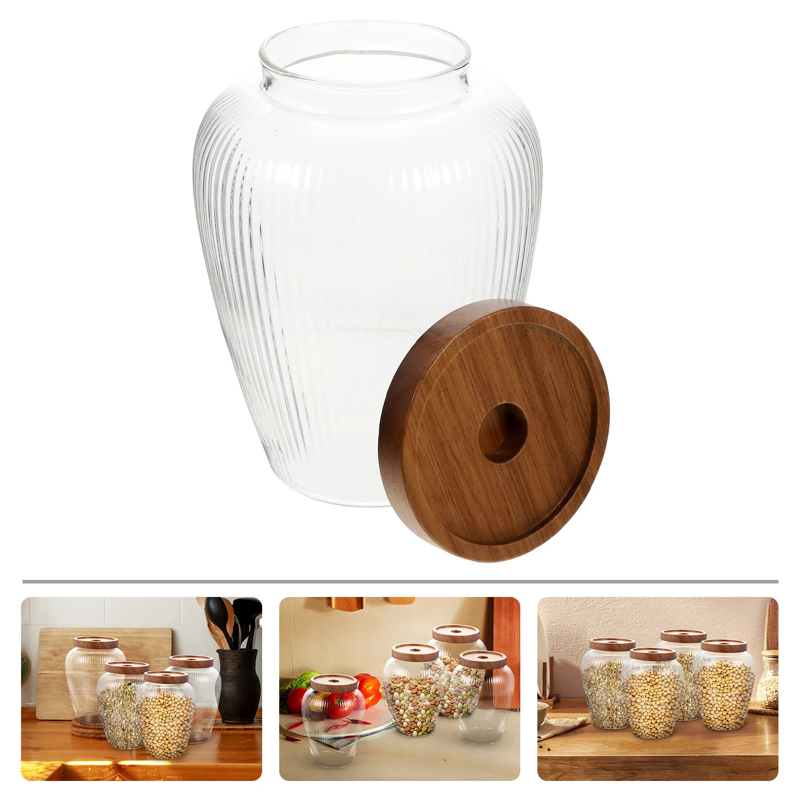 

Glass Canister 1100ml Airtight Lid Wood Clear Storage Jars for Candy Snacks Tea Grains Home Decor Storage Jars