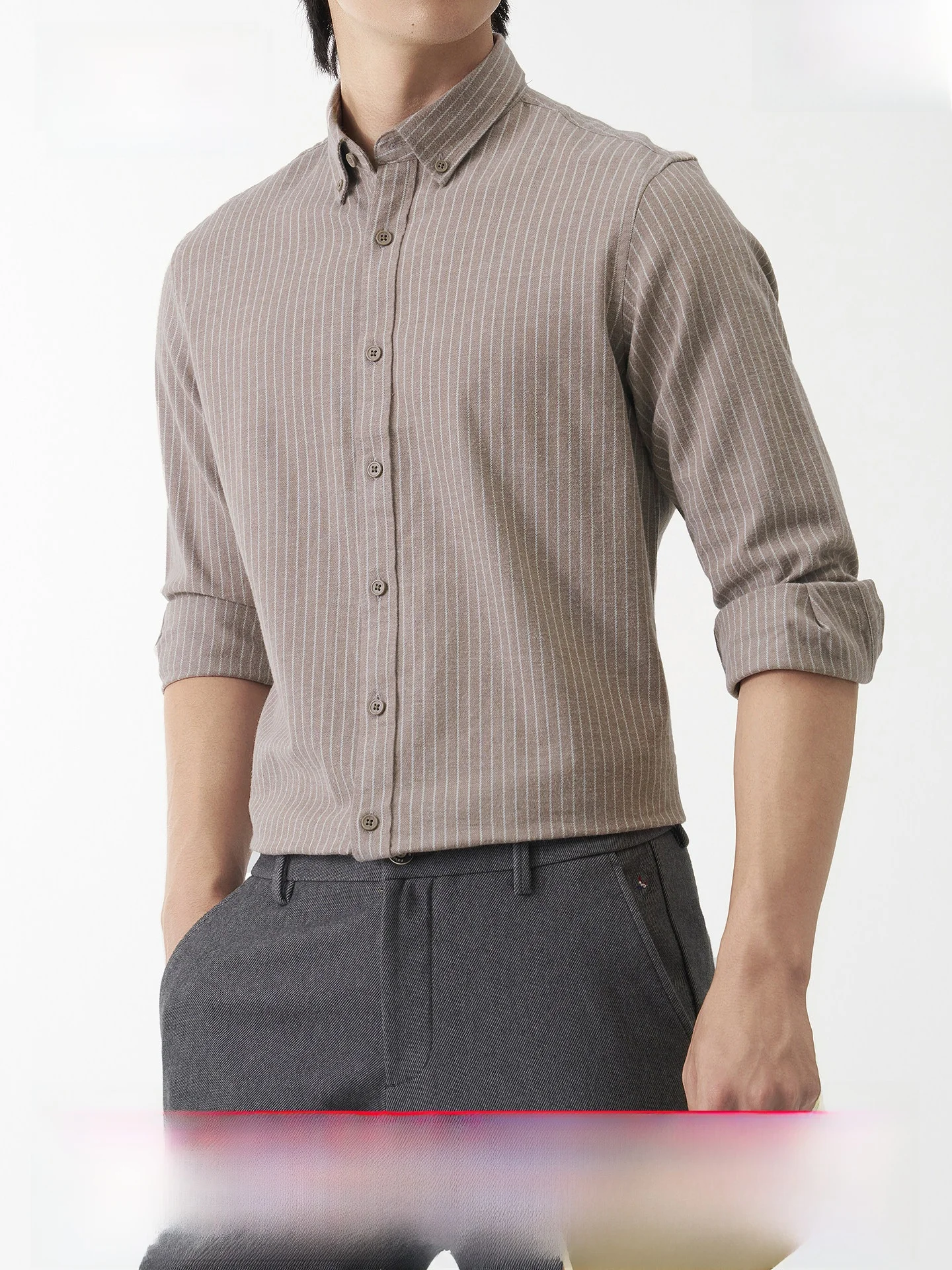 Hengyuanxiang Men's Long Sleeve Shirt Winter Thickened Flannel Stripe Pointed Collar Cotton Modal Fiber Warm Standard Fit Shirt