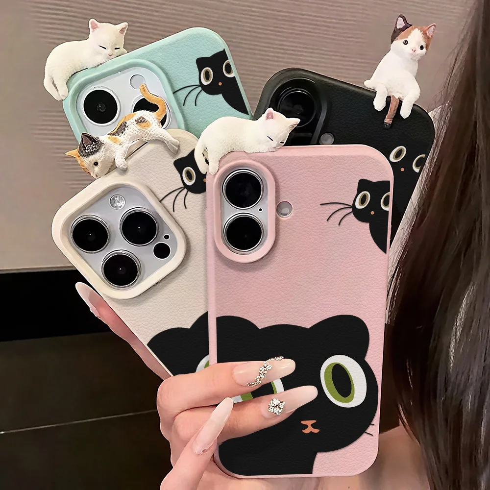 Funda de gato lindo 3D de dibujos animados para iPhone 17 Pro Max 11 16 12 13 14 15 Pro Max 17 Air 15 16 Plus Funda de cuero suave a prueba de golpes