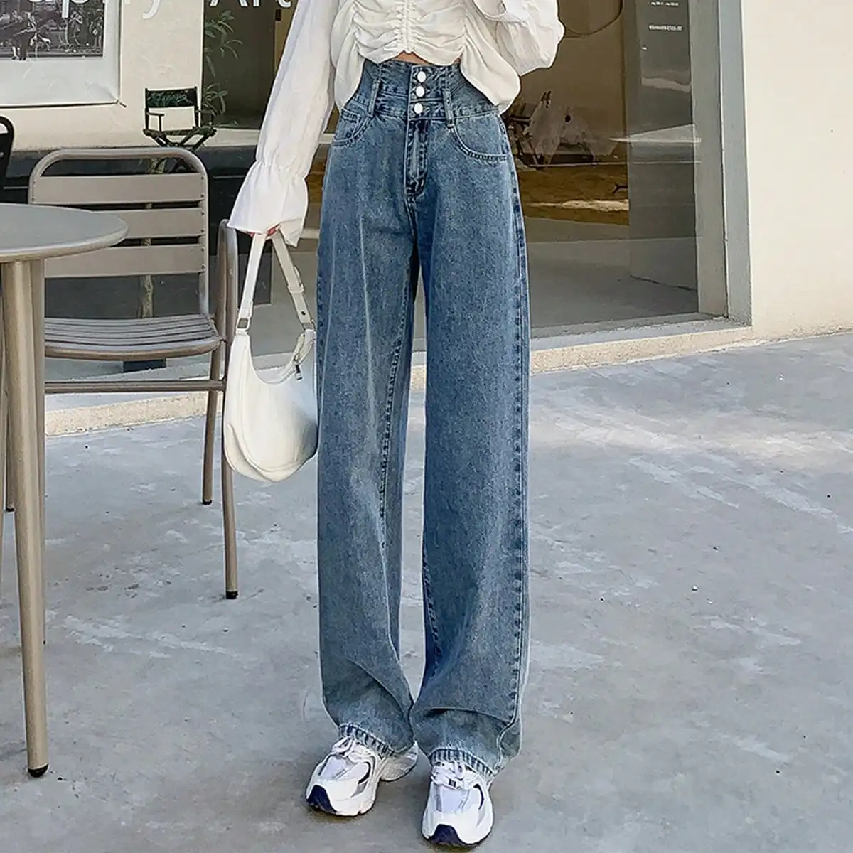 Korean Chic 2024 Early Autumn Two-Color Fashionable Leather Brand Double-Button Straight Casual High-Waisted Jeans for Women