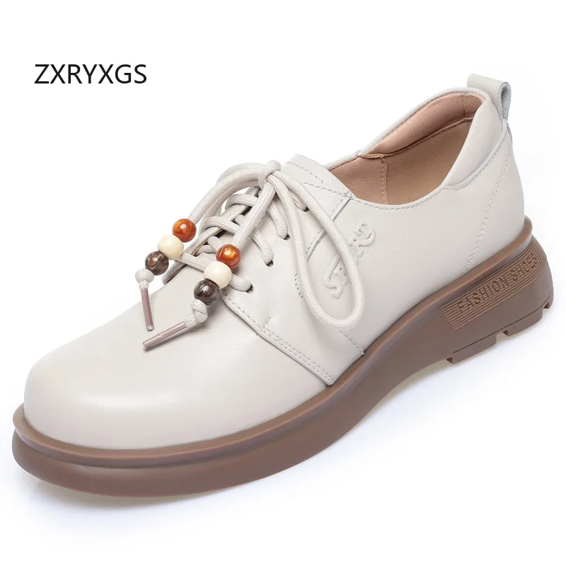 ZXRYXGS Top Layer Cowhide Thick Sole Wedges Mid Heels 2026 Autumn Lace-up Beading Women Fashion Sneakers Comfortable Trend Shoes