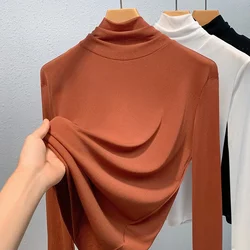 High Neck Long Sleeved T-shirt for Women in Spring and Autumn, Elastic and Sexy Mesh Basic Style, Commuting Thick and Warm Top