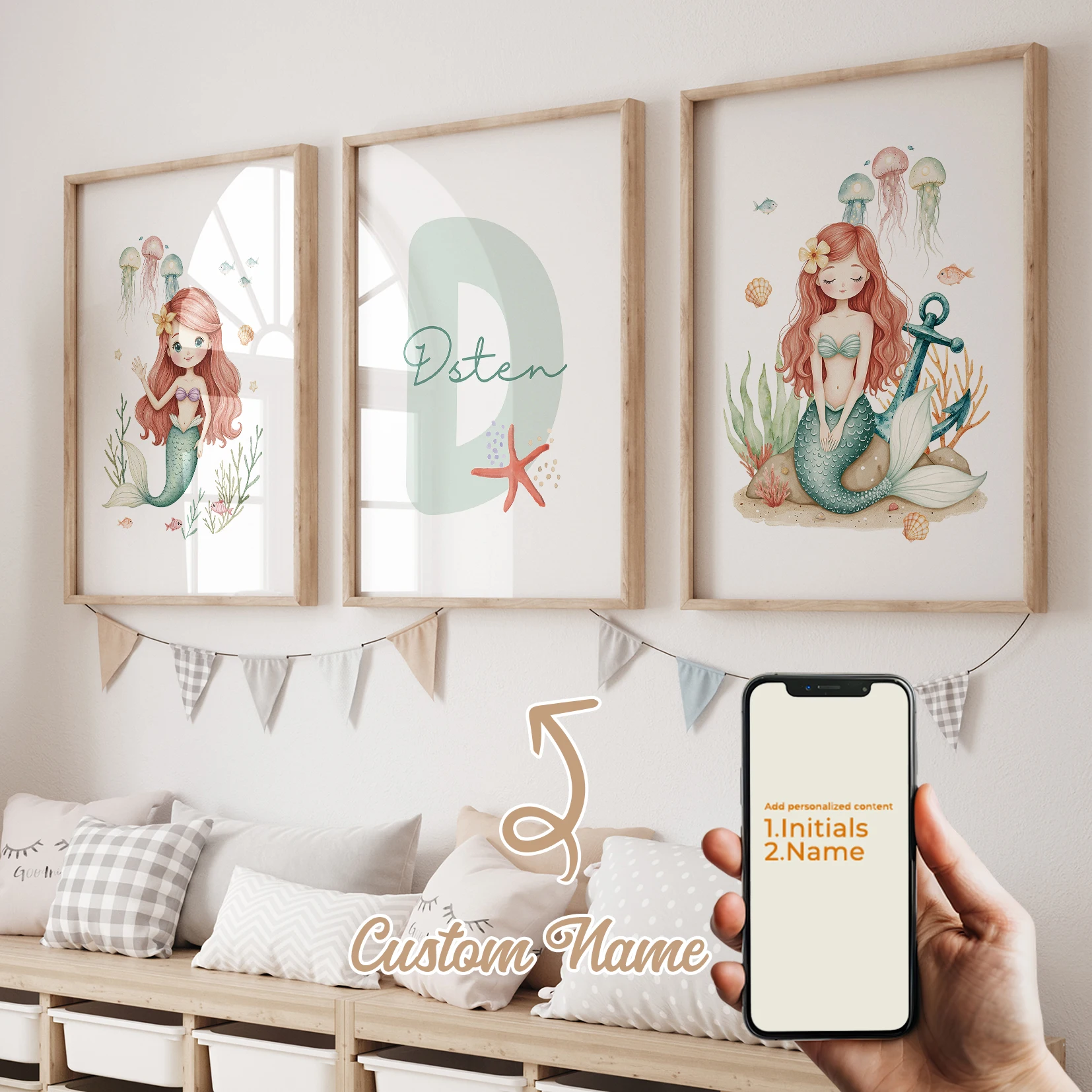 

3pcs Personalized Name Custom Cute Mermaid Shell Jellyfish Fish Coral Wall Art Print Picture Living Room Kids Room Home Decor