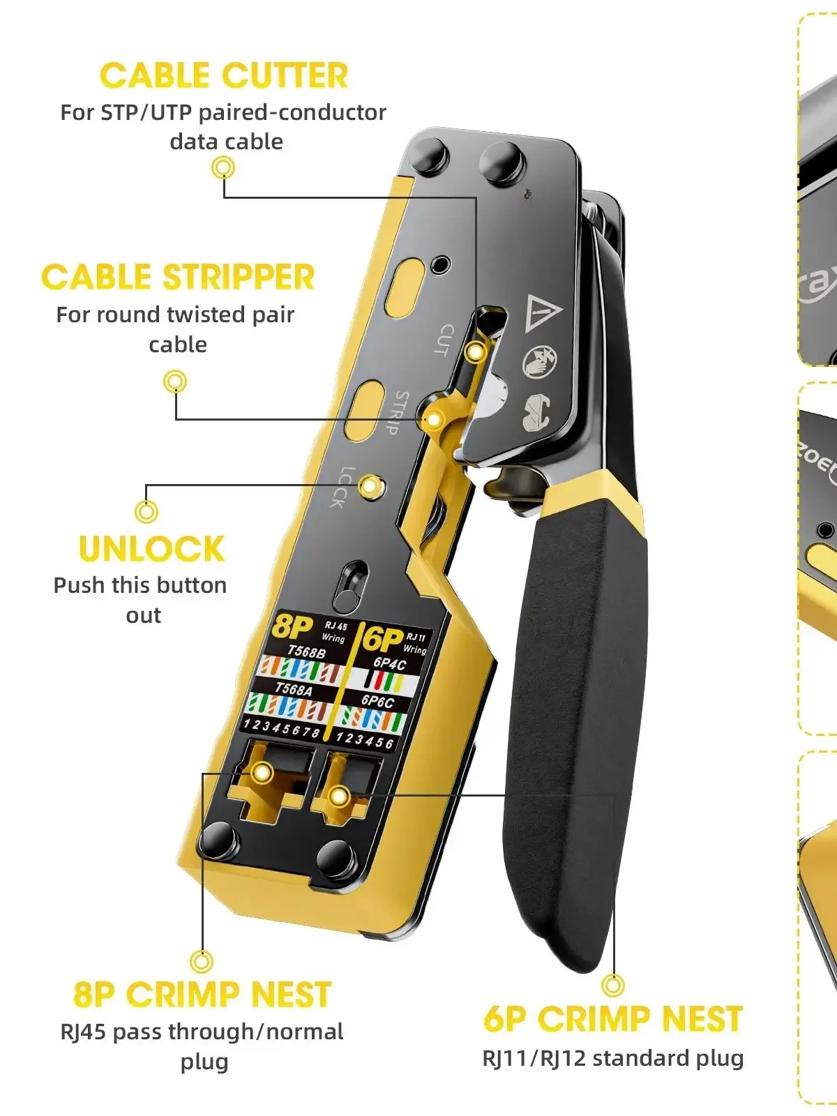 Pince à sertir RJ45 à passage direct, outil de sertissage Ethernet tout-en-un pour connecteurs RJ45 Cat6, Cat5, Cat5e