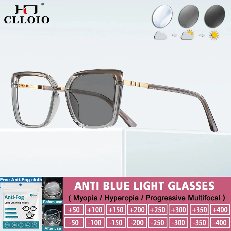 

CLLOIO Fashion Simple Square Design Blue Light Blocking Reading Glasses Women Large Frame Prescription Photochromic Eyeglasses