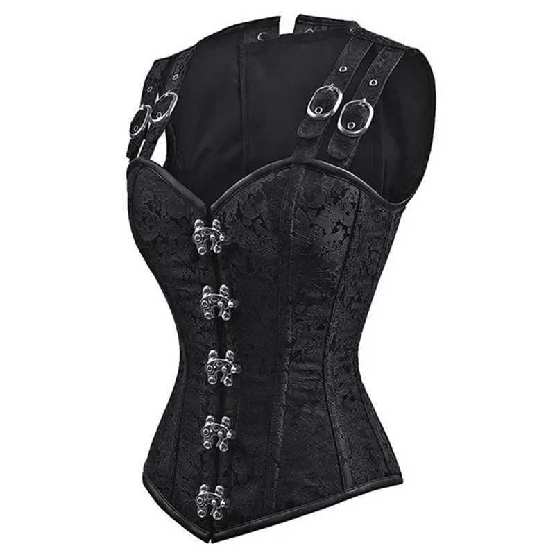 Steampunk Corset Top Shoulder Straps Overbust Bustier Vest Plus Size Jacquard Women Vintage Victorian Gothic Costume Black