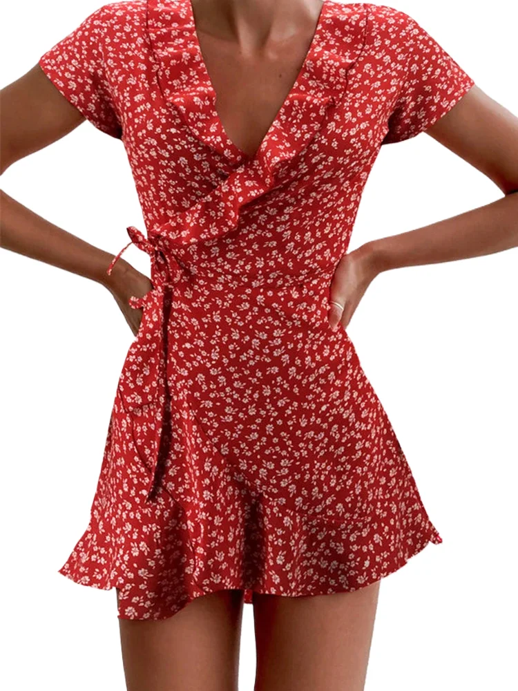 

Summer Women s Floal A-Line Dress Sweet Elegant Floral Ruffles V-neck Bandage Short Dress for Lady Chic Flowers Mini Dress