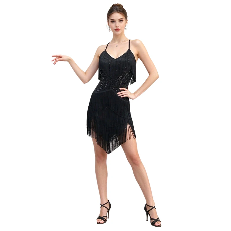 Damen-Latin-Tanzkleid, Neckholder, V-Ausschnitt, Pailletten, mehrlagige Quasten, Performance-Kostüm, Bühnenshow, Samba, Tango, Tanzparty-Kleid – Detail 1