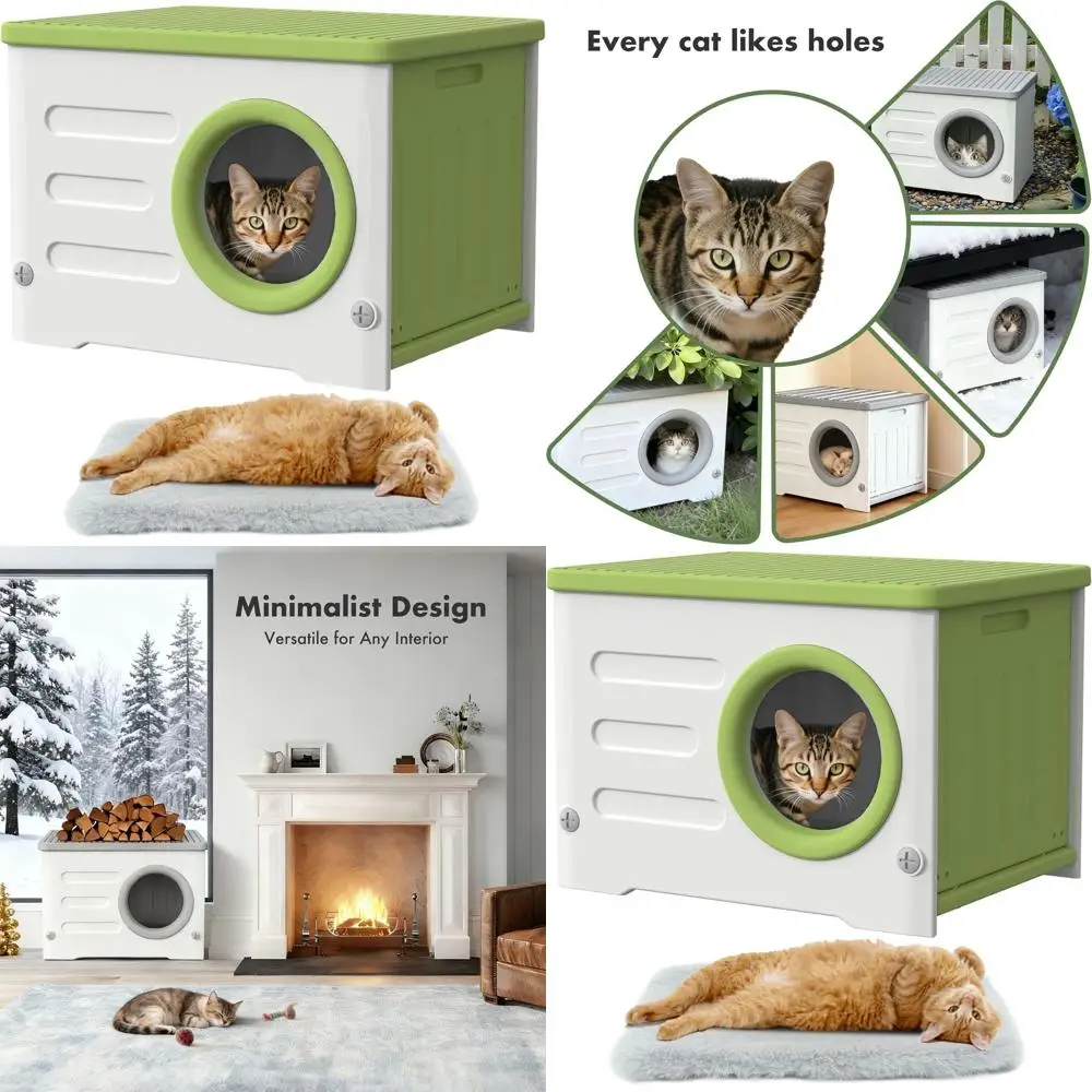 

Устойчивые к атмосферным воздействиям штабелируемые пластиковые укрытия для кошек с подушкой, подходят для уличных/внутренних ферменных кошек (зеленые)