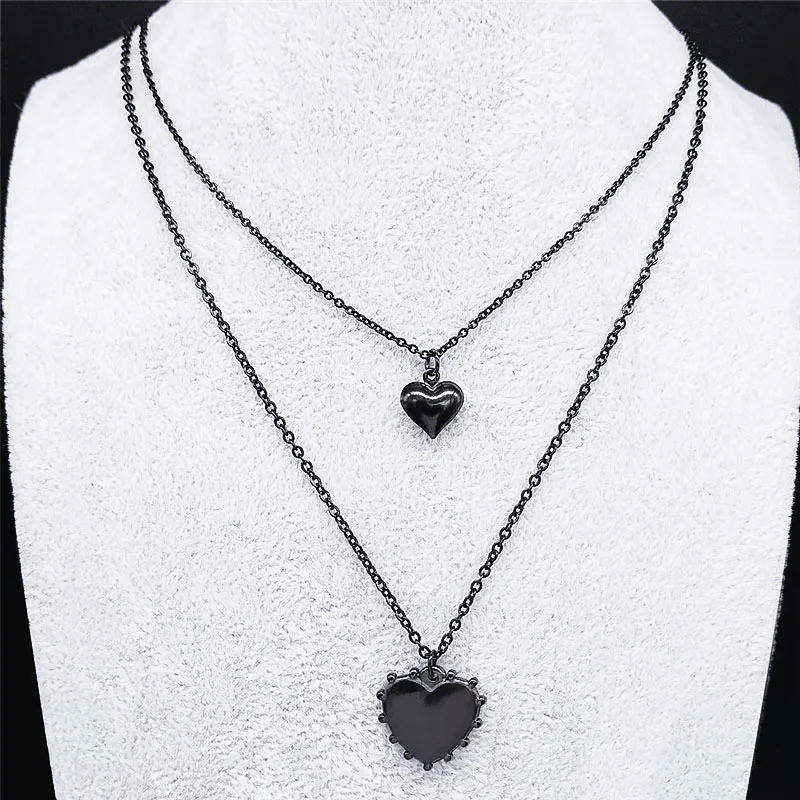 2 PCS Gothic Double Layer Heart Stainless Steel Pendant Necklace Women Black Color Statement Necklace Jewelry collier NK47S03