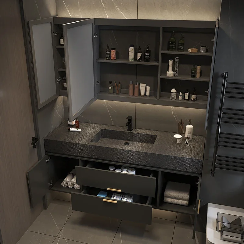 Customized Rock Panel Bathroom Cabinet Integrated Basin, Solid Wood Ceramic Basin Combination