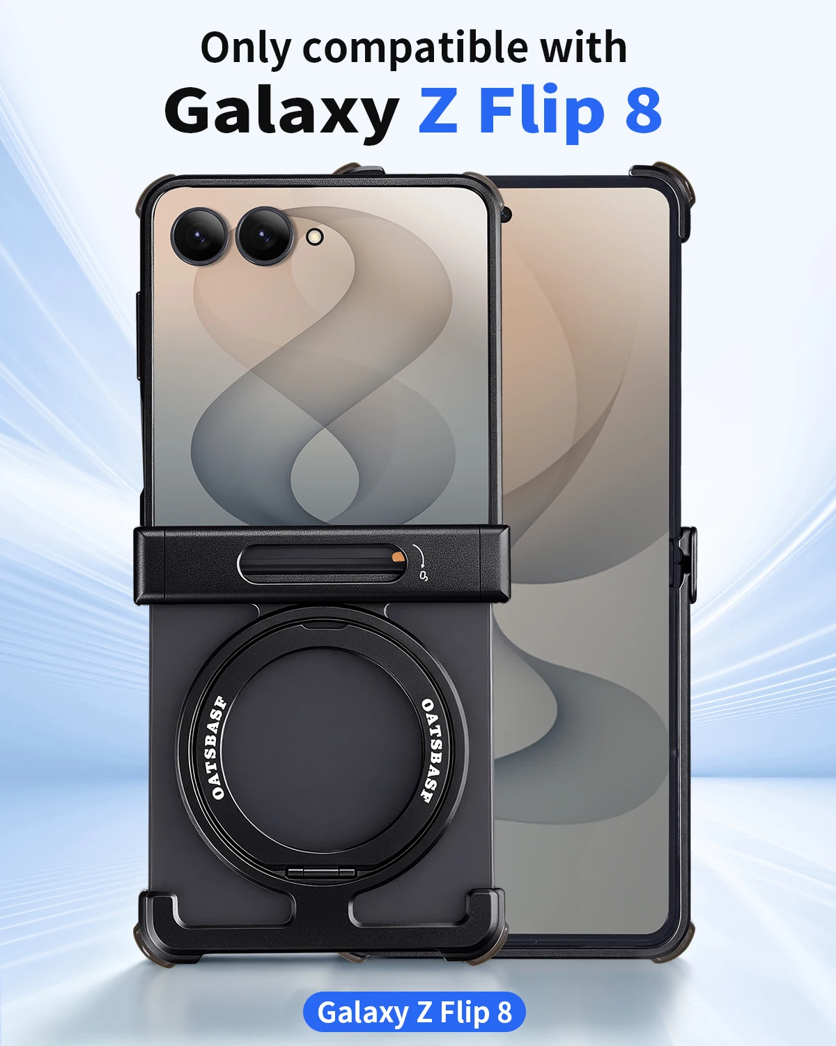Oatsbasf Metal Frame Case for Samsung Galaxy Z Flip8, Magnetic 360° Rotation Ring Kickstand Phone Cover, Shock‑Absorb Bumper
