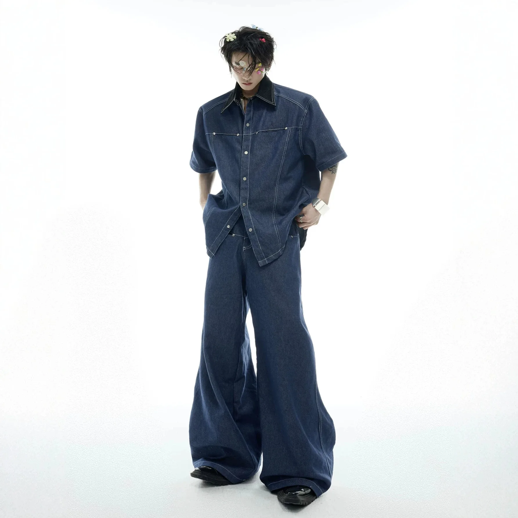 AliExpress – Summer Men’s Denim Matching Set American Fashion High Street PU Lapel Splicing Short Sleeved Shirt Wide Leg Jeans Two-piece Sets