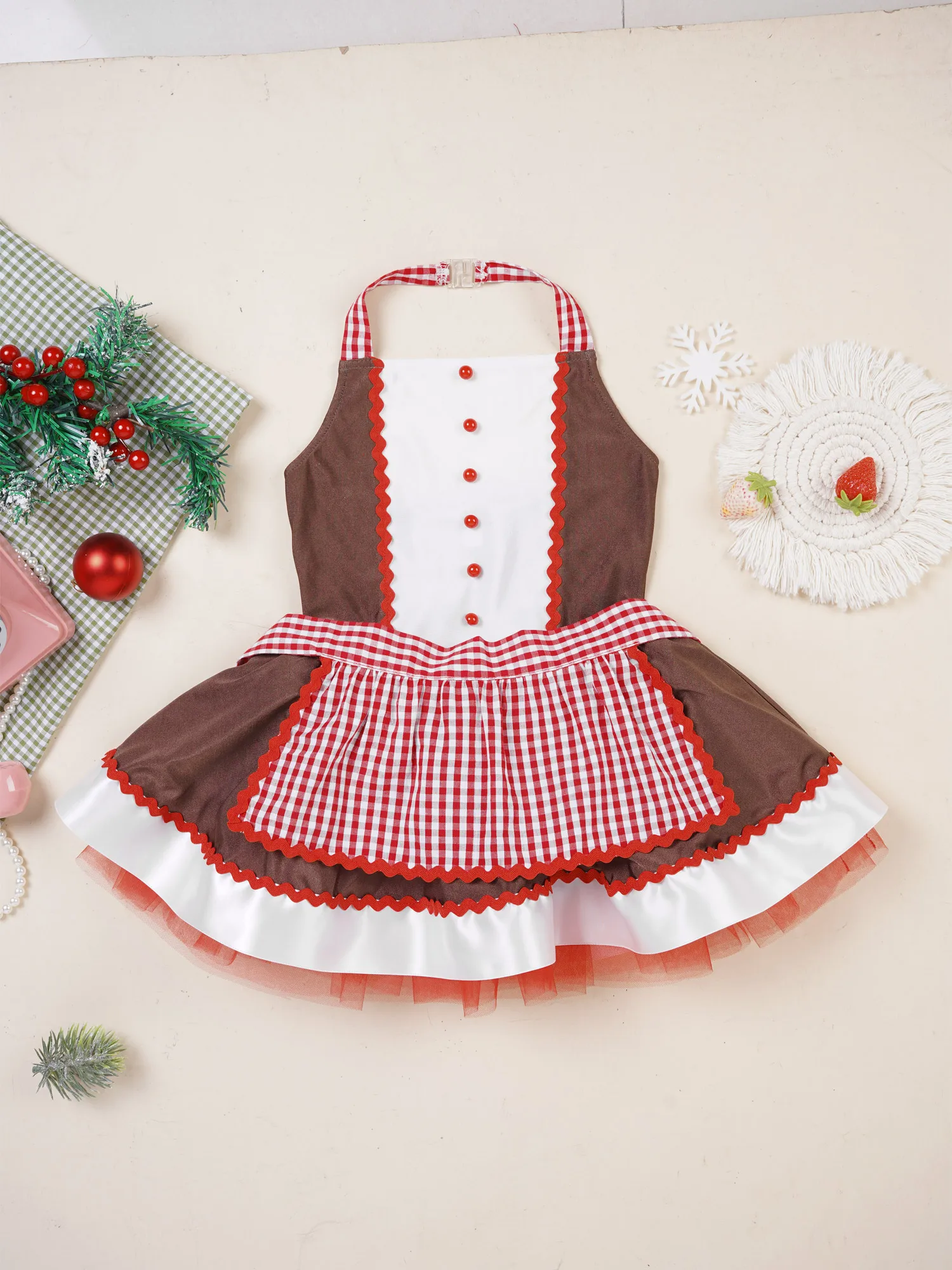 Vestido de Natal Gingerbread para Crianças, Saia Fofa, Macacão Halter Neck, Avental Xadrez, Festa de Carnaval Cosplay, Uniforme para Meninas