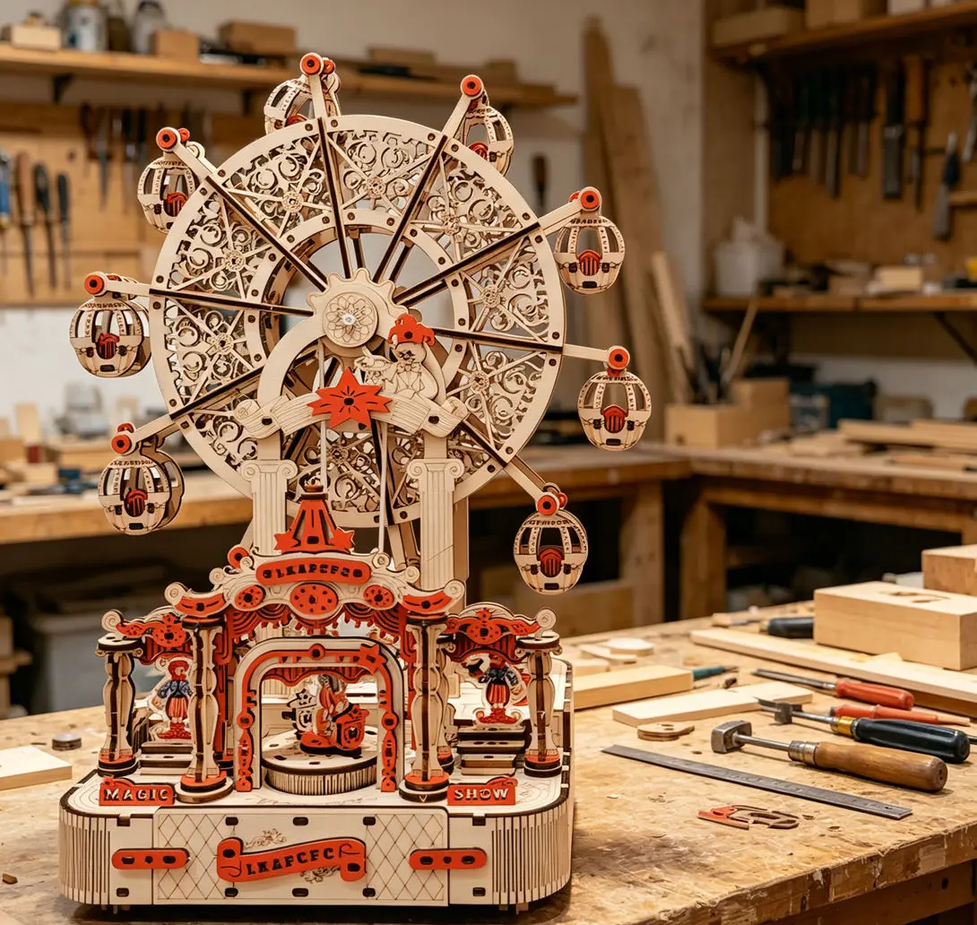

DIY Ferris Wheel 3D Wooden Puzzle, Rotating Music Box Building Kit, Handcraft Assembly Toy Creative Home Decoration
