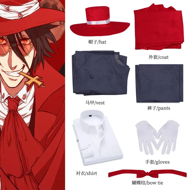 2025 11 Anime Hellsing Alucard Costumi Cosplay Rosso Cappotto lungo Cappello Guanti Accessori Set uniformi Uomo Donna Vestiti per Halloween