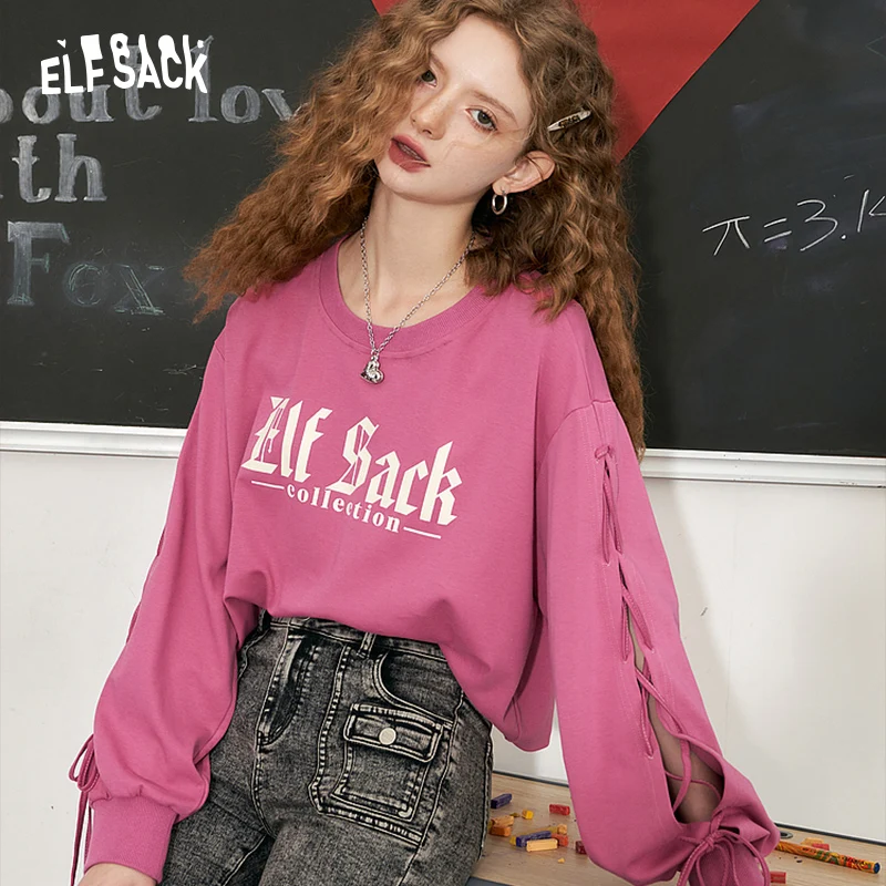 

ELFSACK/женские толстовки на шнуровке с принтом; Коллекция 2023 года; Летние модные свободные топы с длинными рукавами