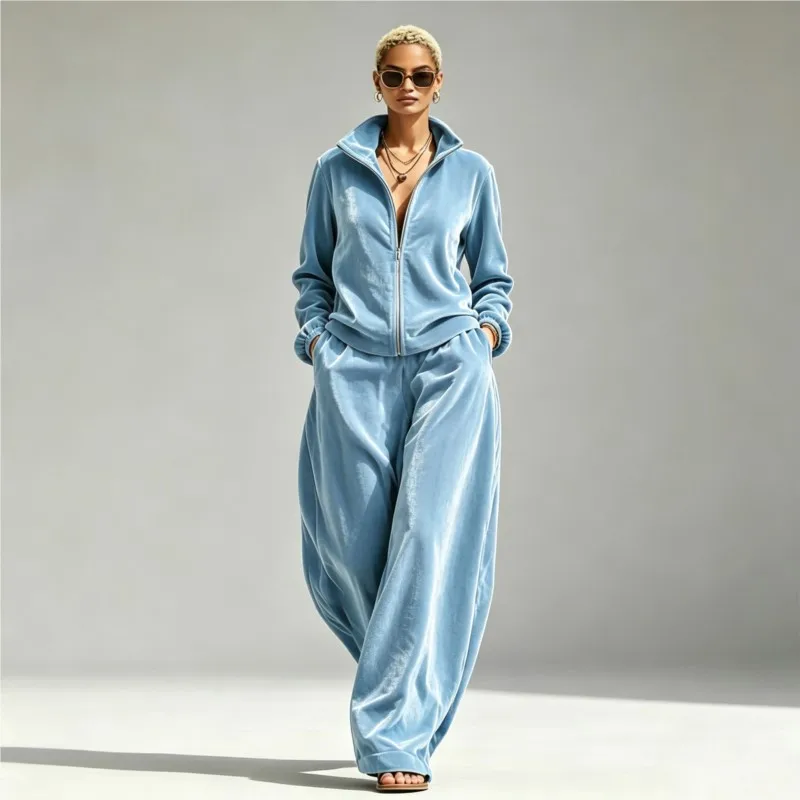Autumn Winter Warm Gold Velvet Zipper Open Coat Two Piece Set Women's Fashion Solid With Wide Leg Pants Set Ladies Office Outfit