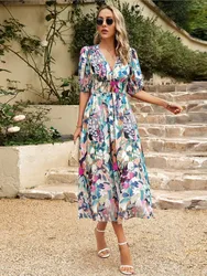 Chiffon Dresses Women 2024 V Neck Printed Short Sleeve Elastic Waist Elegant Midi Dress Beach Summer Dress Women Robe Femmes