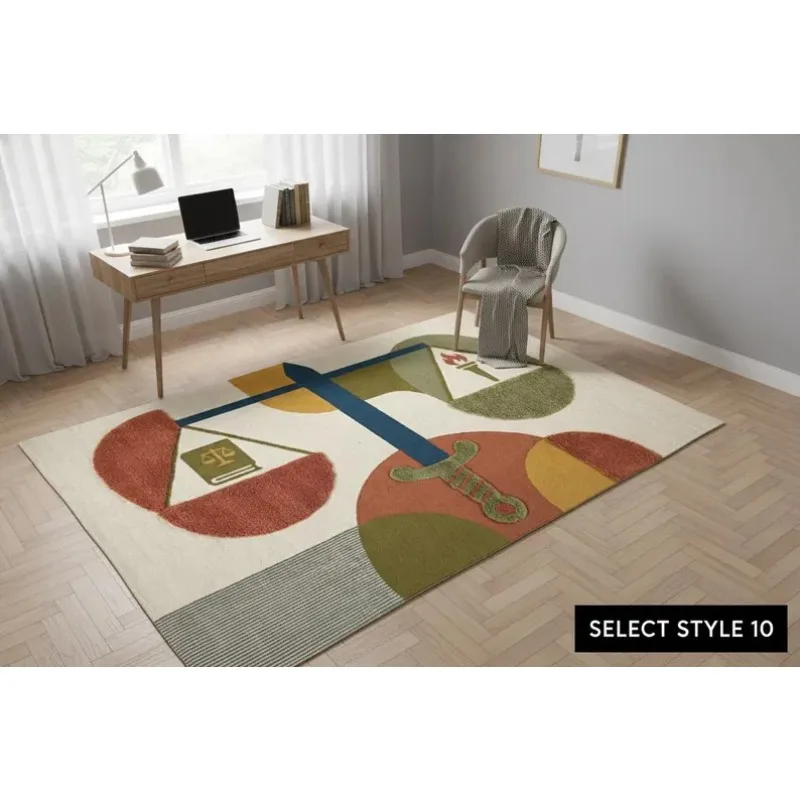 

Symbolic Balance Art Rug, Blue Scales with Book & Torch Motif, Geometric Multicolor Carpet for Modern Living Room Floor Decor