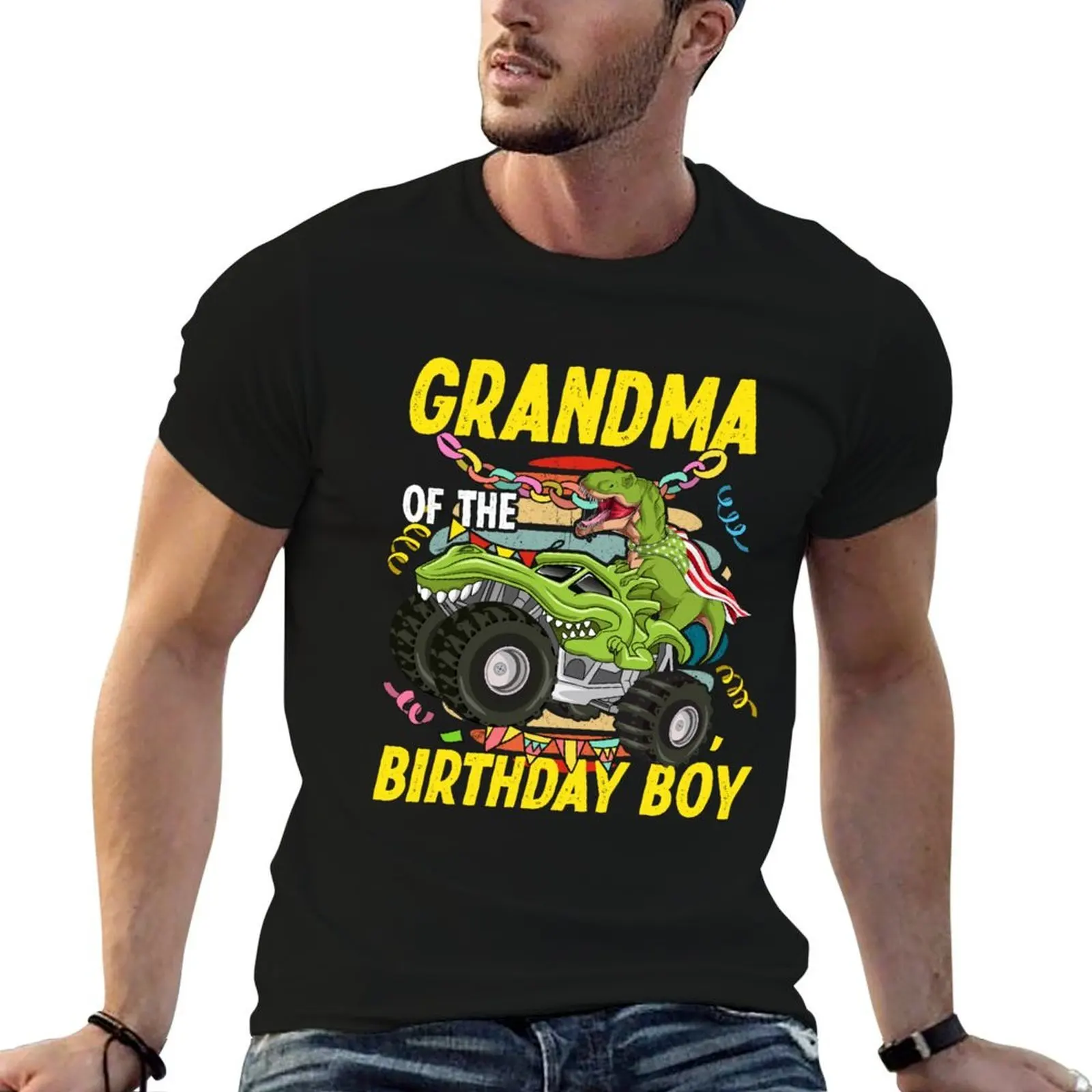 

Grandma Of The Birthday Boy Cool T-Rex Riding A Monster Truck T-Shirt man t shirt heavy cotton t shirt man plain T-Shirt