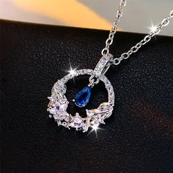 Cute Female Blue Water Drop Pendant Necklace Vintage Silver Color Wedding Jewelry Gift For Women