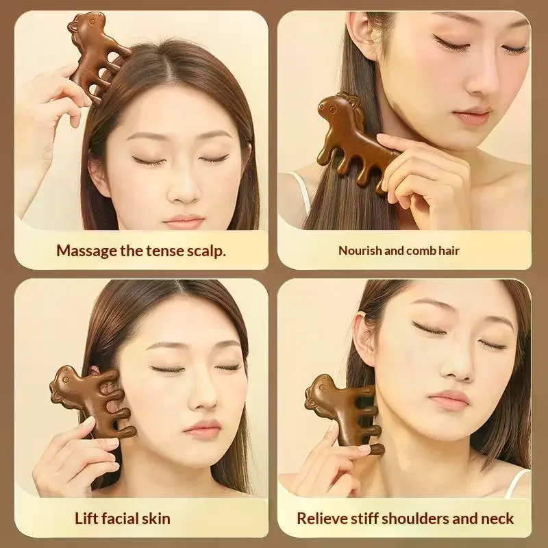 

Расческа для волос из сандалового дерева в форме животного, массажер для головы и акупунктурных точек, портативная, с деревянной ручкой, пятизубчатая, антистатическая, для укладки волос