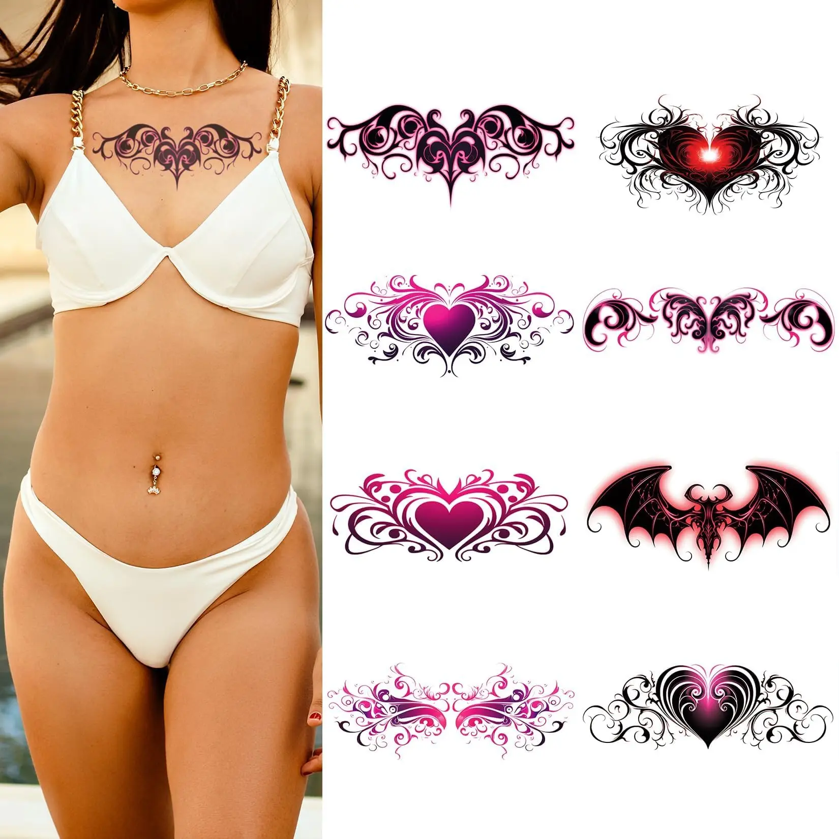 وشم مؤقت مثير للبطن الشيطانية -8 أوراق من تصميمات القلب الملونة باللون الأسود والأحمر وشم الندبات لزر البطن الخلفي