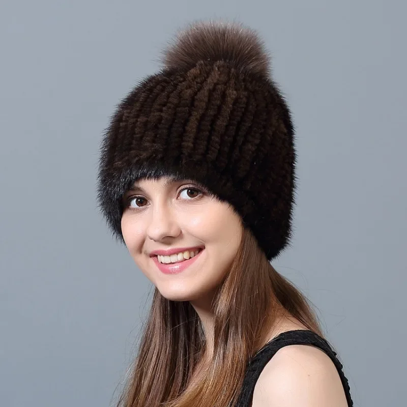 Mink Hair Woven Fur Hat Women's Winter Warm Fox Ball Hat Elastic Ear Protection Hat