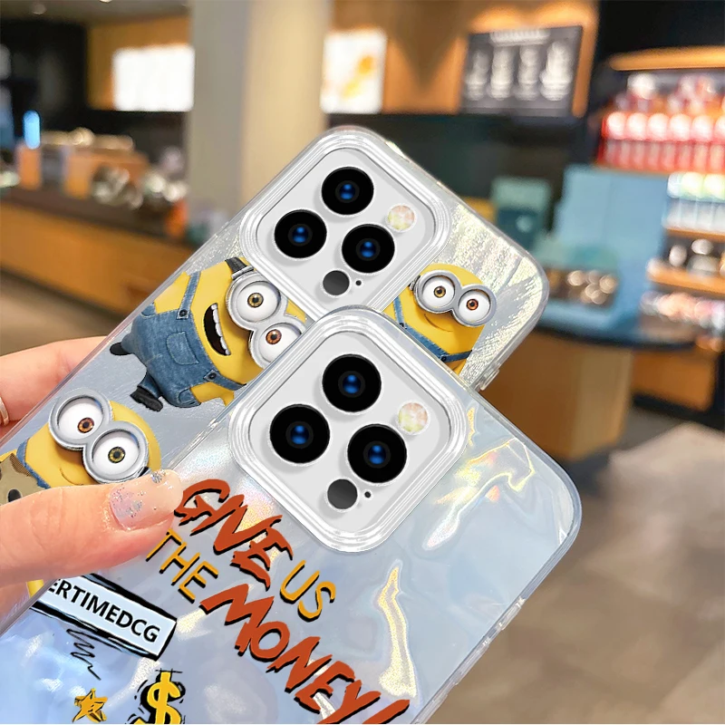 Fashion M-Minions Cartoon Gradient Phone Case for iPhone 16 15 14 13 12 11 8 7 6 Pro Max Plus XS XR Hard Shockproof Matte Covers