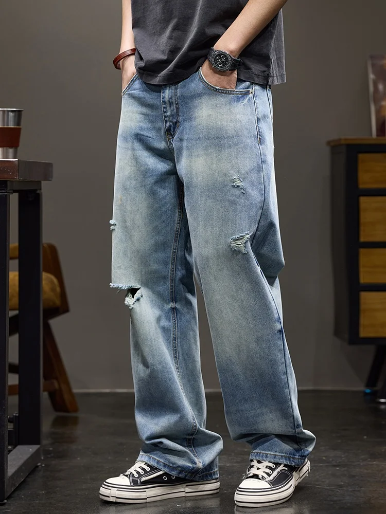 

Мужские джинсы в стиле ретро, американские, осенние, новые, свободные, прямого кроя, длинные брюки, с эффектом потертости, молодежный тренд, смесь хлопка и полиэстера