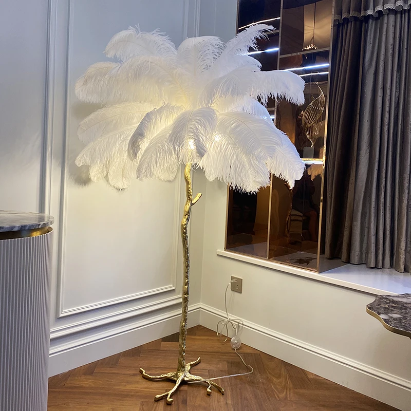 

Полное медное освещение принцессы с перьями для гостиной, спальни, роскошная ветка, вертикальная настольная лампа