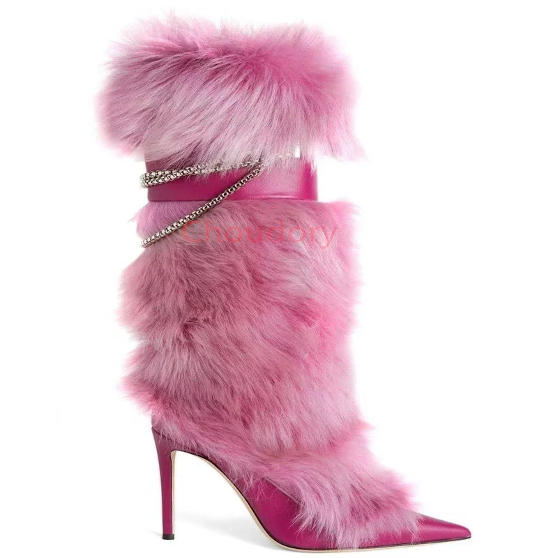 Winter Warm Fur High women's Boots Full Fur  High Heels Snow Boots Big Size 43 Shoes Chain Woman Botas De Mujer