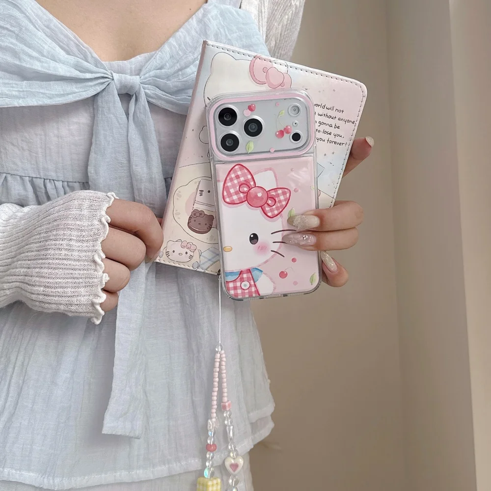 Luxury Hello Kitty Red Plaid Bow Cherry Phone Case For iPhone 15 16 17 Pro Max With Matching Beaded Chain Girly Protective Cover - view 2