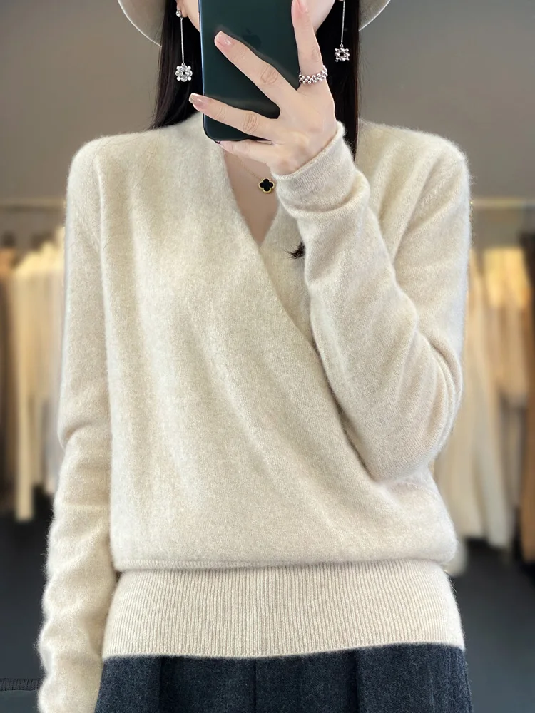 New Spring Summer 100% Pure Wool Sweater For Women V-neck Long Sleeved Criss-Cross Solid Color Pullover Higt-Quality Clothing