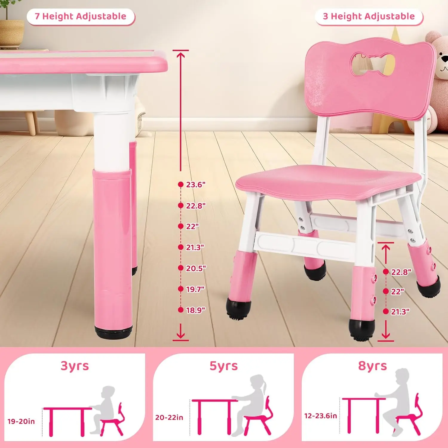 Kids Table and 4 Chairs, Height Adjustable Toddler Desk & Chair Set, Anti-Slip Legs, Graffiti Desktop, Children Large Multi-Acti