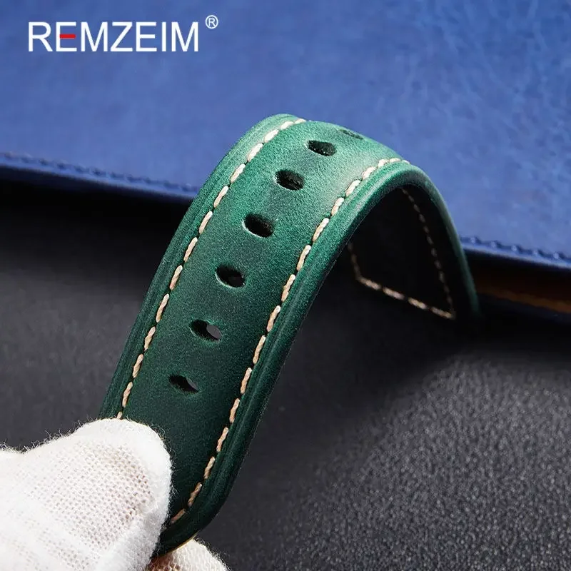 20mm 22mm 24mm 26mm Handmade Crazy Horse Leather Strap Women Men Cowhide Watch Band Strap Watch Accessories Steel Buckle Green