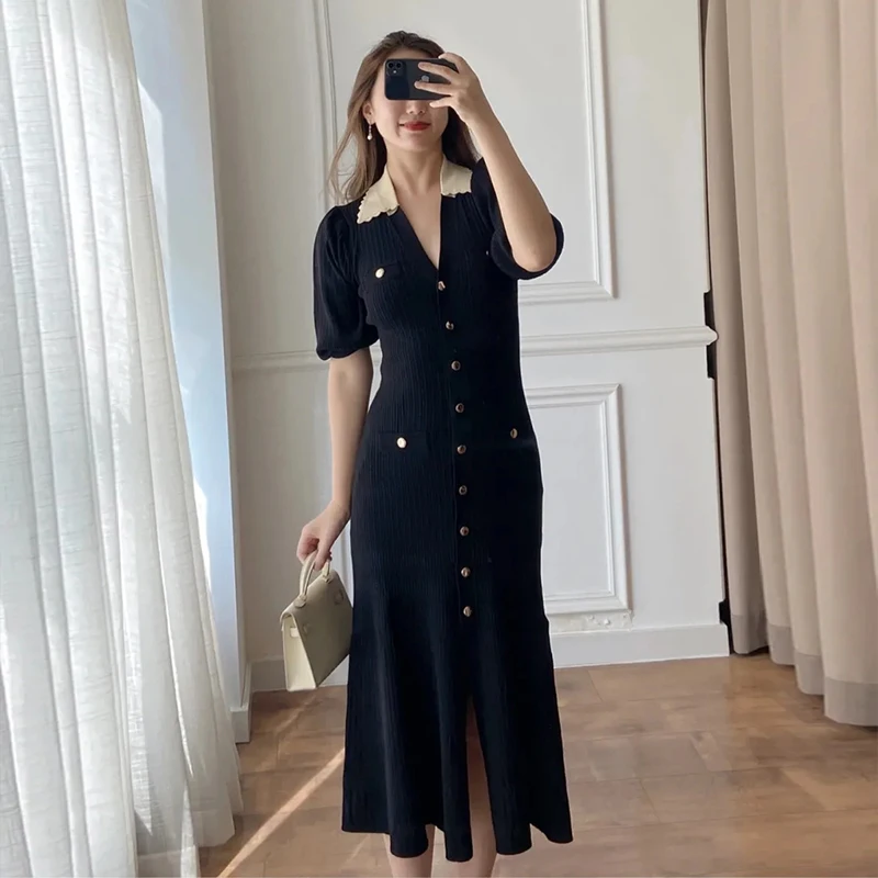 Button Knitted Midi Dress Short Sleeve Summe Bodycon Vestidos De Fiesta Black Party Maxi Women Elegant Vintage Korean Femme Robe